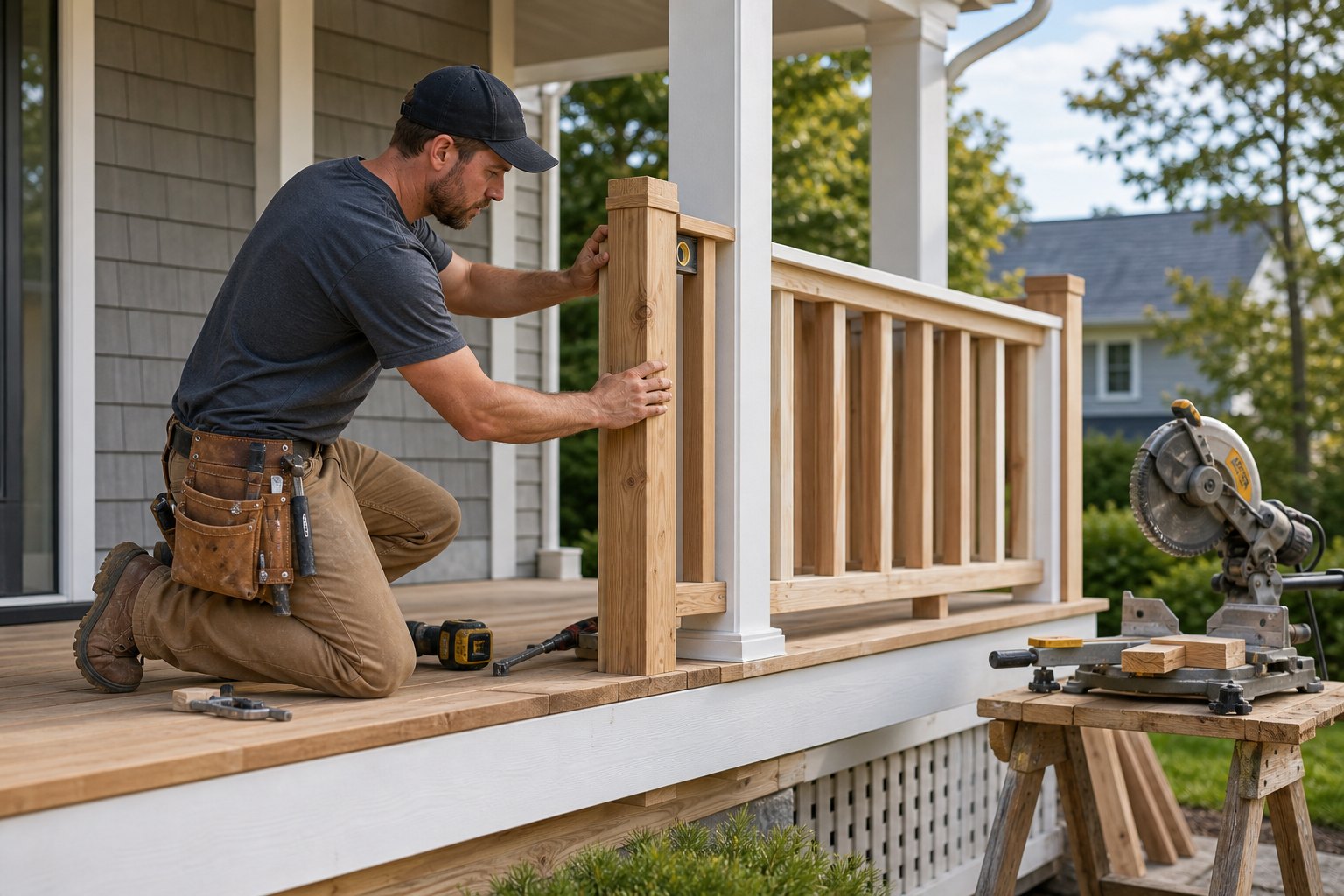 Porch railing carpentry repair on a Southern Maine home