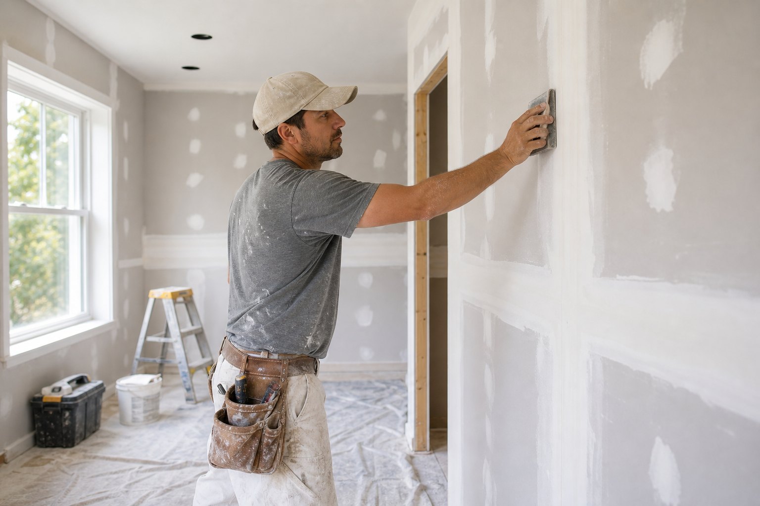 Drywall finishing and wall repair in a bright interior room