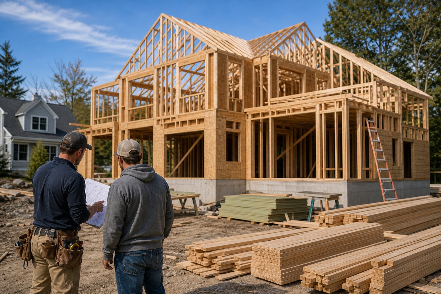 Residential framing and lumber staging for a full construction project