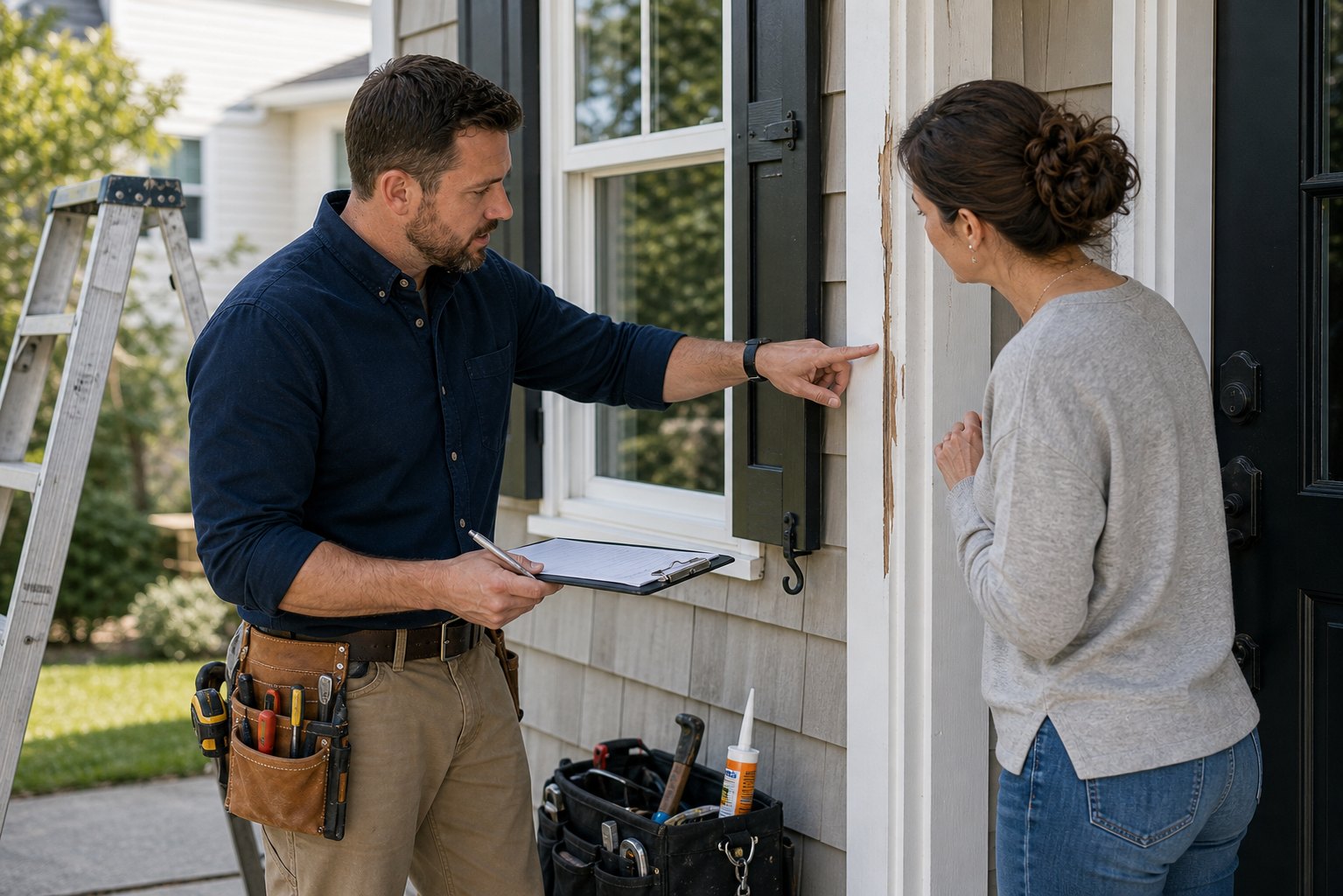 Contractor reviewing exterior trim repair with a homeowner