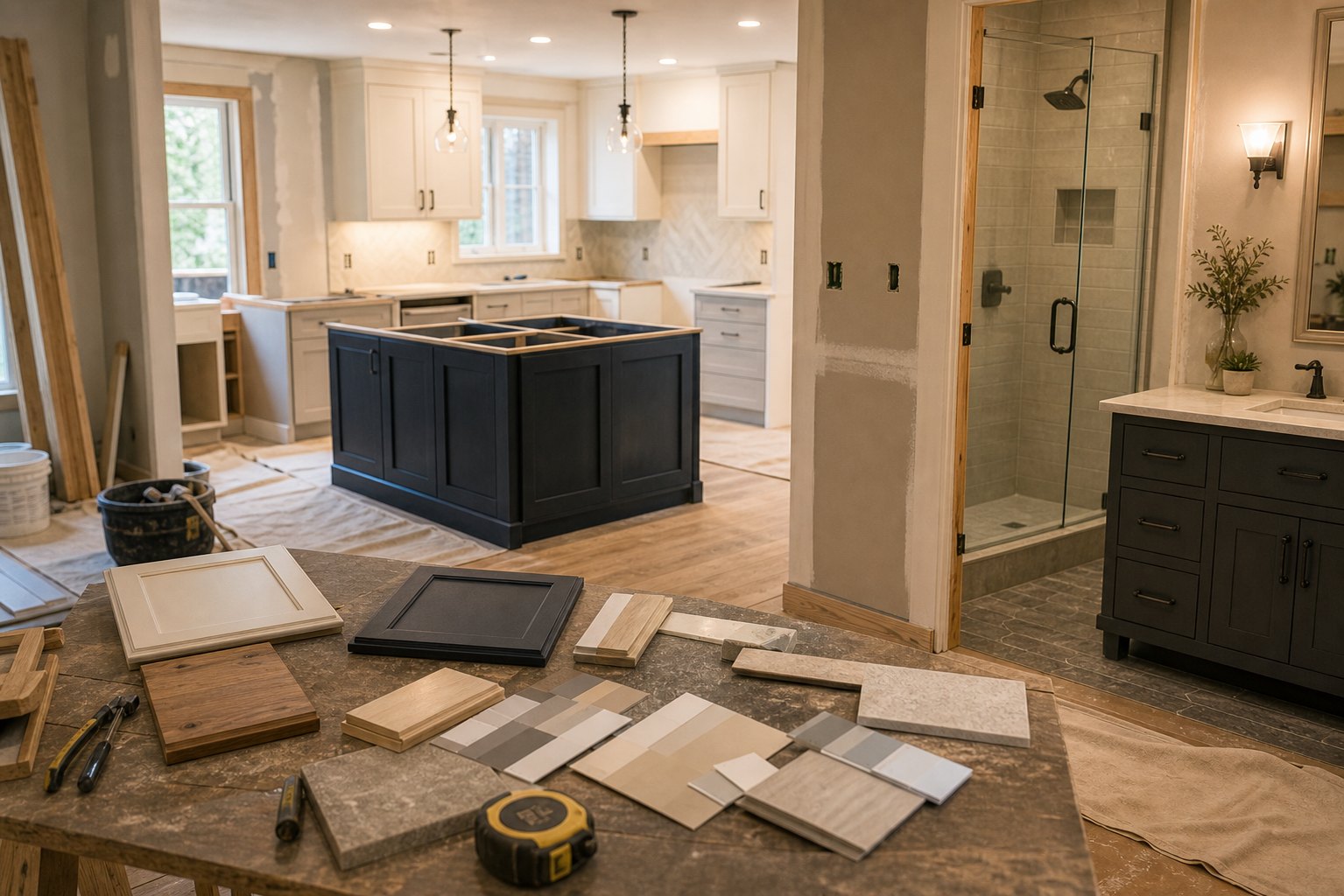 Kitchen and bathroom renovation materials in a work-in-progress interior