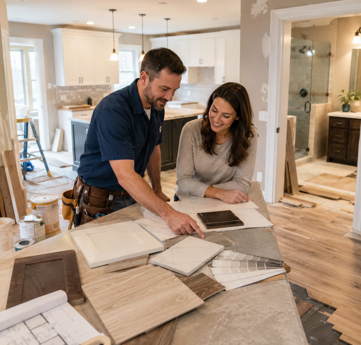 Home renovation planning with flooring and finish samples